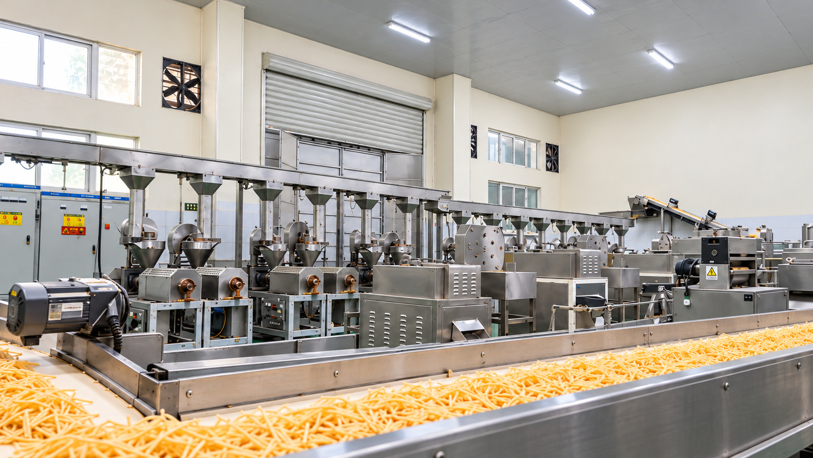 A low view across stainless steel automated snack production lines, showing the factory's clean white walls and ceiling.